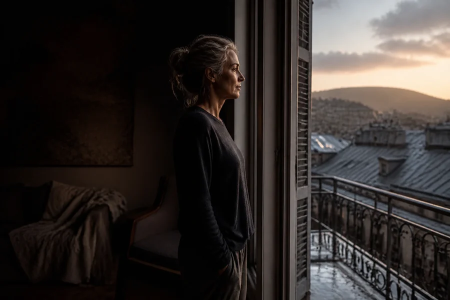 A woman looking across rooftops from an open balcony doorway