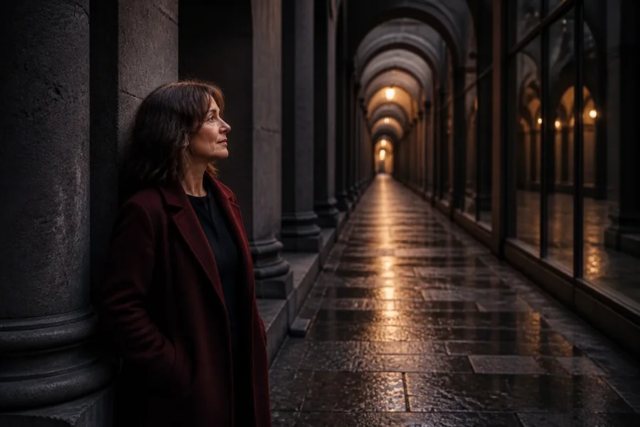 A woman pausing under a row of stone arches