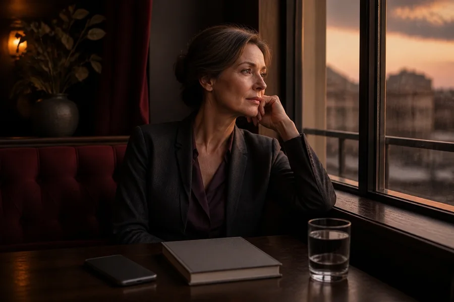A woman looking out of a café window in the evening