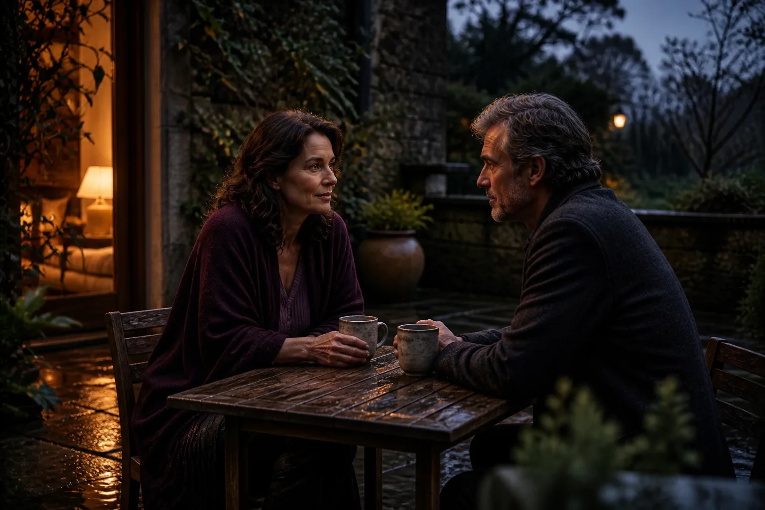 Two people sharing a quiet conversation on a terrace at dusk