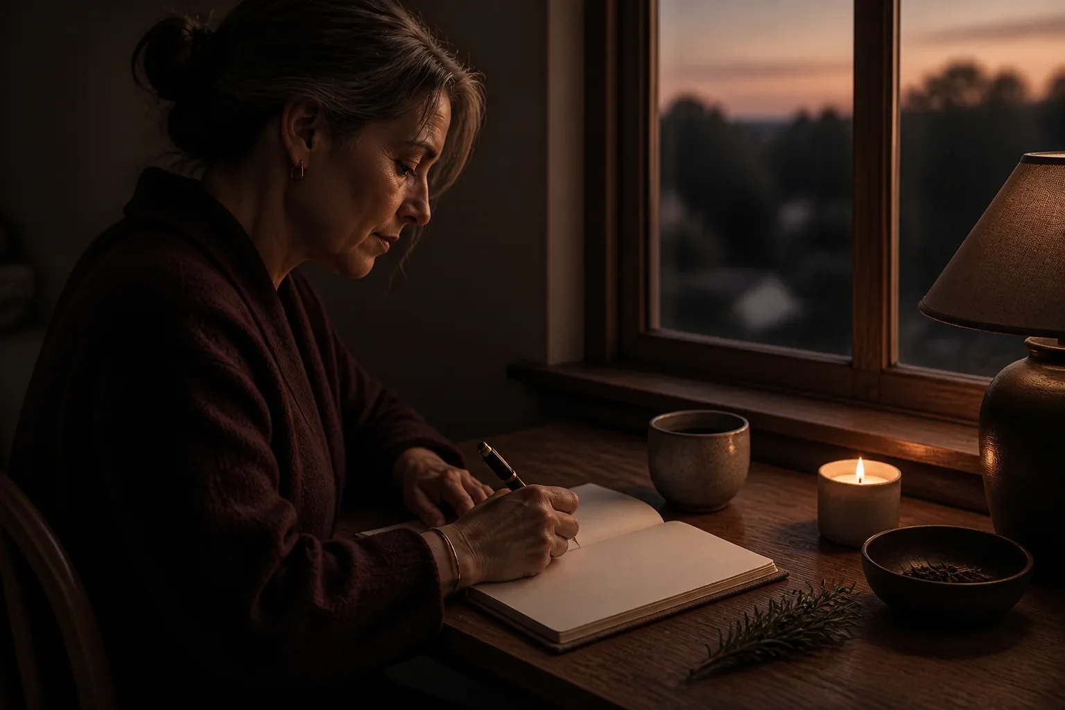 A woman reflecting in a notebook beside a candle and an evening window